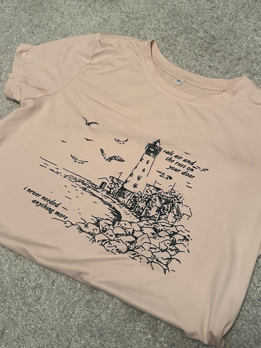 Women's Beige Graphic Tee with Lighthouse Print August Lyrics